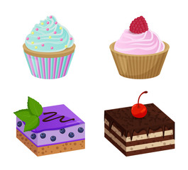 Various Cakes with Cupcakes Vector Illustration