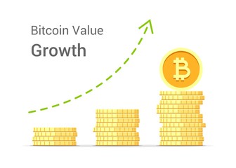 Bitcoin value growth concept illustration isolated on white background. Stacks of gold vector flat coins