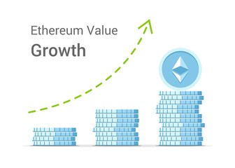 Ethereum value growth concept illustration isolated on white background. Stacks of blue vector flat coins