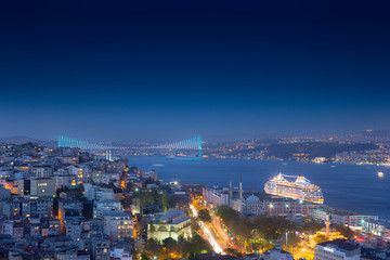 Long exposure cityscape of Istanbul at a night from Galata to the Bosphorus. Wonderful romantic old town at Sea of Marmara. Bright light of street lighting and cruise liners. Istanbul. Turkey.