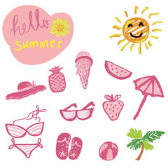 isolated hand drawing doodle pencil pink colour Summer icon set  with hello summer word