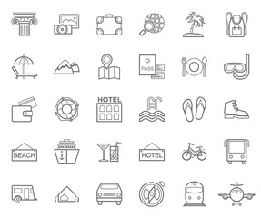 Travel, vacation, tourism, leisure, monochrome icons, flat, outline, vector. Different types of recreation and ways to travel. Gray line drawings on white background. Vector.  