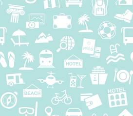 Travel, vacation, tourism, recreation, seamless pattern, monochrome, blue, vector. Different types of recreation and ways to travel. White pictures on a light blue field. Vector background