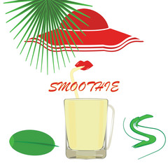 Glass with smoothies - red lips and summer panama - green exotic leaves - isolated on white background - vector art. Elements for travel poster