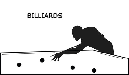 Sketch - Billiards - silhouette of man with cue at table with balls - isolated on white background - art vector illustration