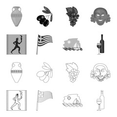 Greece, running, wine, flag .Greece set collection icons in outline,monochrome style vector symbol stock illustration web.