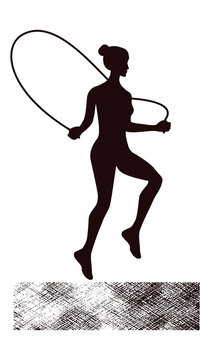 Sketch - Girl jumping with a skipping rope - isolated on white background - art vector illustration