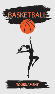 Basketball - girl throws a ball - black brush strokes on a light background - vector art illustration. Sports Poster.