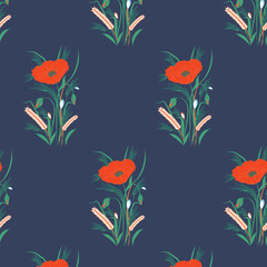 Fototapeta na wymiar Pattern - wildflowers - Red poppies, buds, ears of wheat - dark blue background - art vector