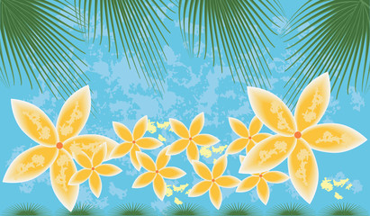 Fototapeta na wymiar Abstract in grunge style marine background - palm leaves, yellow large exotic flowers - art vector. Travel poster.