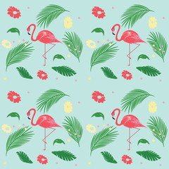 Pattern - Pink Flamingo - exotic leaves and flowers - light background - art vector
