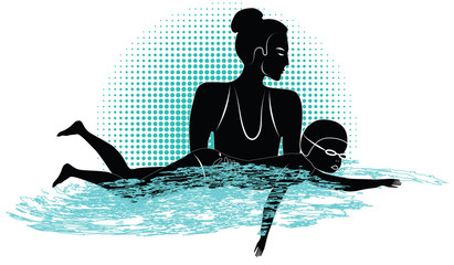 Trainer woman teaches a swim small child - abstract grunge background - art vector