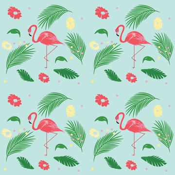 Pattern - Pink Flamingo - exotic leaves and flowers - light background - art vector