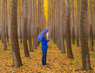 Woman in forest with blue umbrella and yellow fall colors