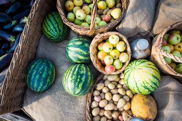 Top view of vegetables watermelons, apples, eggplants