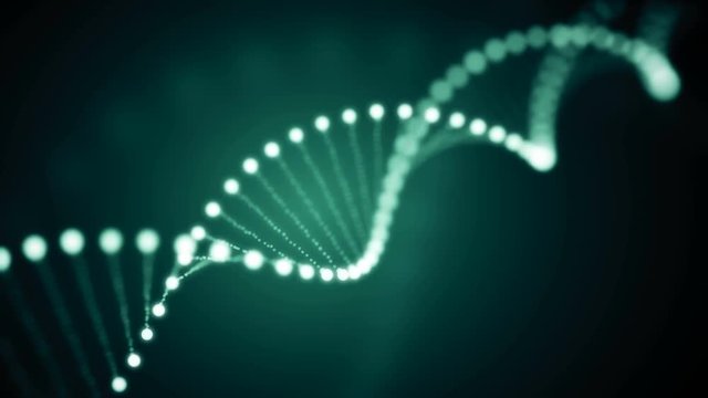 Seamless animation of rotating DNA glowing molecule on green background