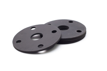 Black rubber flange gasket on a white background.