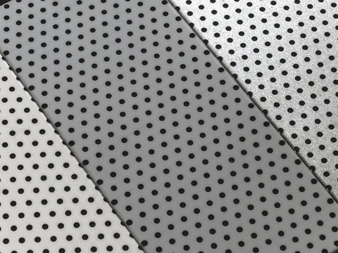 Metal acoustic panels with round perforation. Grey texture