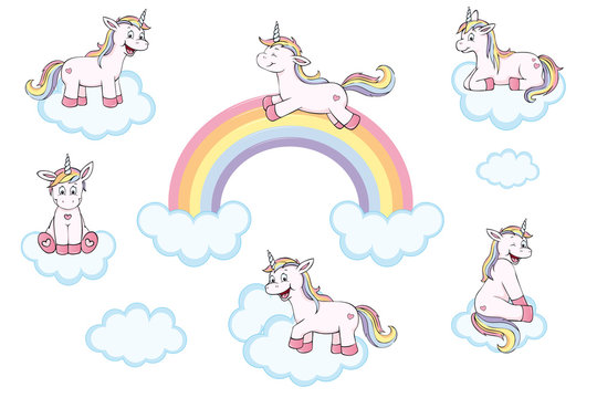 Fototapeta  cute unicorns with rainbow and clouds collection