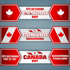 Set of web banners with texts and national flag colors, for first of July, Canada day, celebration; Vector illustration