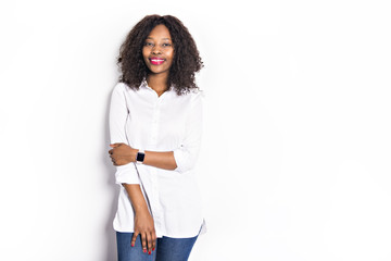Nice black afro american on studio white background
