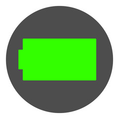 Completely charged battery icon. Round button. Vector.