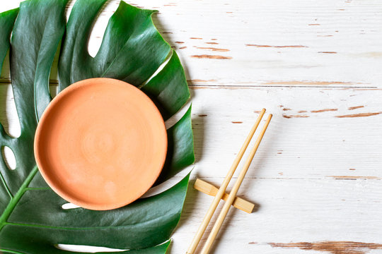 Table Setting Chopstick And Ceramic Handmade Dish. Asian Food Concept.