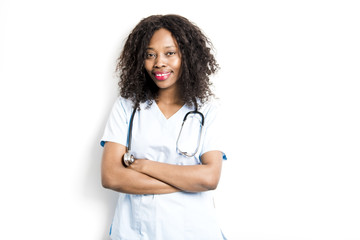 happy african medical intern doctor on studio white