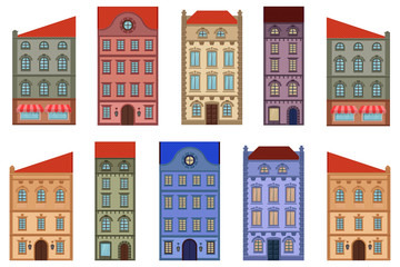 Houses. Set of different old european buildings. Flat style