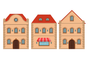 Houses. Old european buildings with red roof. Flat style