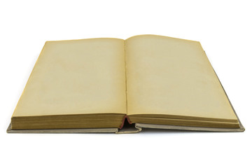 An unfolded old book close-up, isolated on white background