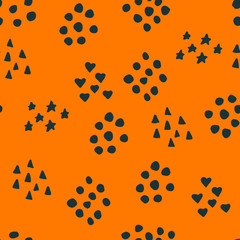 Abstract messy geometrical pattern. with hearts, dots, triangles, stars. Vector illustration.