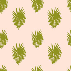 Tropical background with green hand drawn palm leaves on pastel pink. Tropic seamless pattern. Vector.