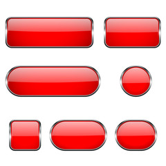 Red glass oval, round, square buttons with chrome frame. 3d icons