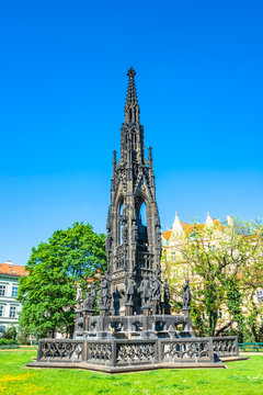 Neo-gothic Kranner fountain and tower in Prague, Czech Republic