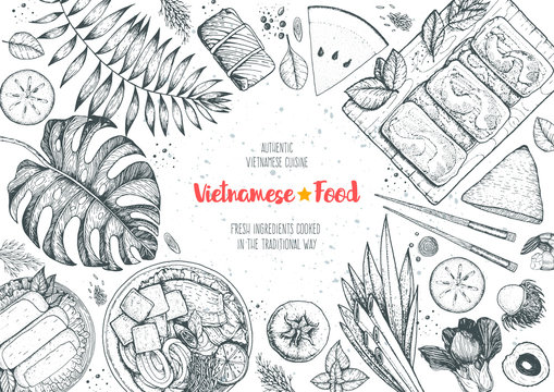 Vietnamese food top view frame. A set of vietnamese dishes with spring rolls, cao lau, fried spring rolls. Tropical food menu design template. Vintage sketch vector illustration. Engraved image.