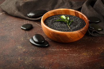 Close up of black sesame seed, Sesamum indicum in wooden bowl