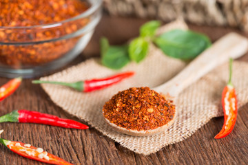 Chili powder in spoon and red chili pepper.