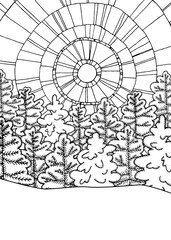 CWinter line art design for coloring book. Pine trees and abstract sun. Snowy landscape