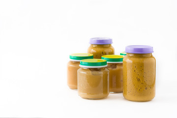 Baby food: Jar with fruit puree isolated on white background


