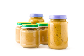 Baby food: Jar with fruit puree isolated on white background

