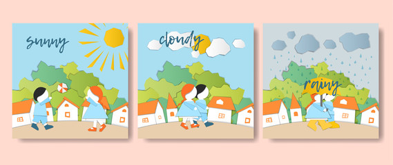 Vector Characters. Weather Forecast in papercut style. Girl and boy outdoors on a sunny/cloudy/rainy day.Children's applique style