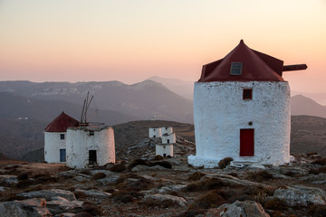 A series of deserted windmills at the top of Chora of Amorgos