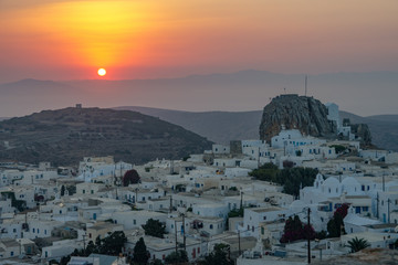 Panoramic view of Amorgos with its castle, at sunset