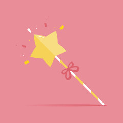 Cute and funny cartoon style magic wand with ribbon on pink background.