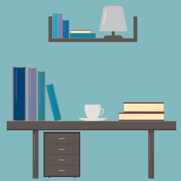 Desk  with books and cup of coffee. Workplace of the student. Education concept. Vector design template for your artworks, websites, social media etc.