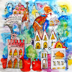Obraz na płótnie Canvas colored stylized city painted hands