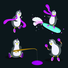 Penguin in the flat style, 4 different poses. Pink colour