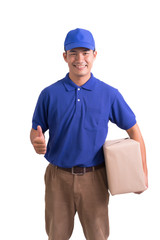 Delivery man with cardboard box.