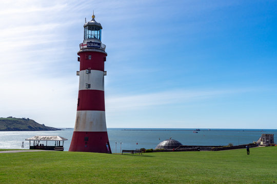 Smeaton's Tower, Red and white lighthouse in Plymouth, Great Britain, May 3, 2018